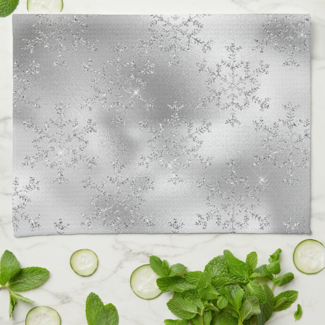 Linge De Cuisine Parties scintillant d'argent Glitzy Snowflakes Noë (Plié)