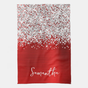 Linge De Cuisine Parties scintillant d'argent Nom de reflet rouge