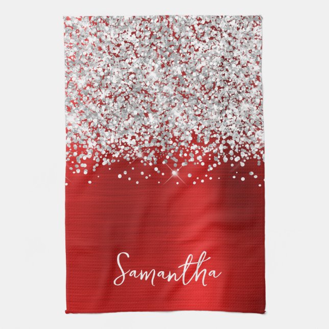 Linge De Cuisine Parties scintillant d'argent Nom de reflet rouge (Vertical)