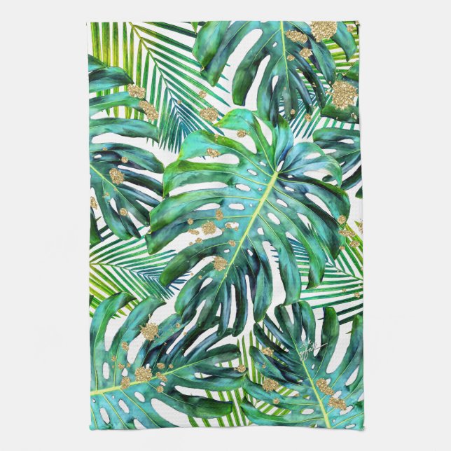 Linge De Cuisine Parties scintillant d'or Feuille Tropical Palms Mo (Vertical)