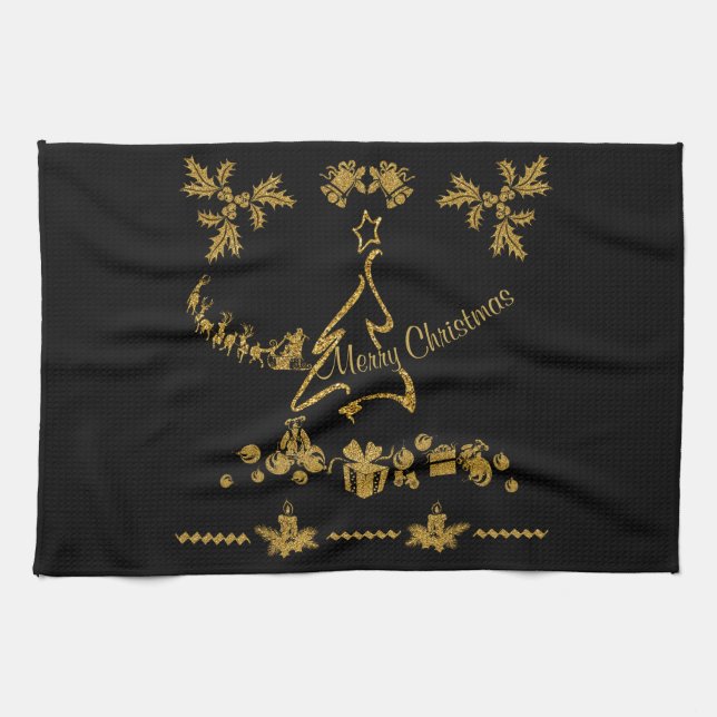 Linge De Cuisine Parties scintillant d'or Joyeux Noël, Père Noël (Horizontal)