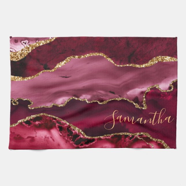 Linge De Cuisine Parties scintillant en marbre rouge et Faux or (Horizontal)