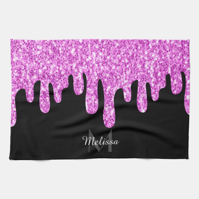 Linge De Cuisine Parties scintillant étincelante rose noir Monogram (Horizontal)