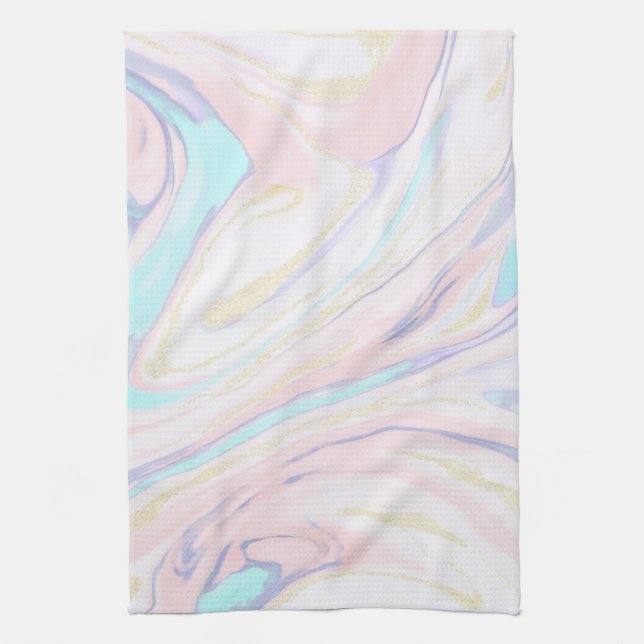 Linge De Cuisine Parties scintillant moderne en marbre bleu rose or (Vertical)