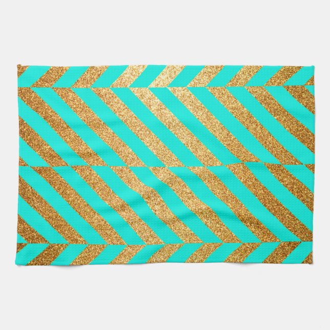 Linge De Cuisine Parties scintillant Turquoise et or Motif à rayure (Horizontal)