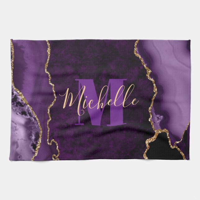 Linge De Cuisine Parties scintillant violet et or marbre Agate Mono (Horizontal)