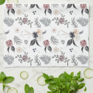 Linge De Cuisine Pastel Aquarelle Coloré Rose Gris Feuille