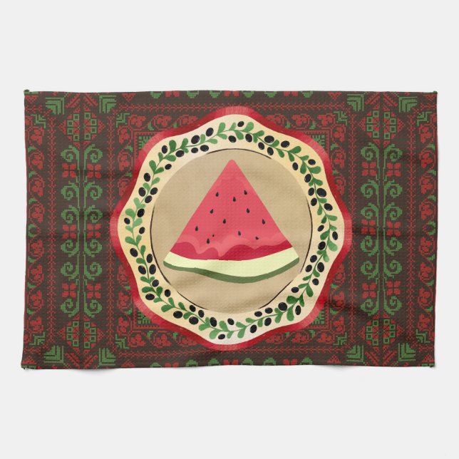 Linge De Cuisine pastèque sur plaque d'olive avec tatreez palestini (Horizontal)