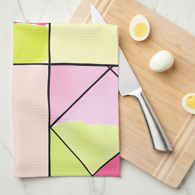 Linge De Cuisine Patchwork Abstrait Rose et Vert Citron (Quart Plié)