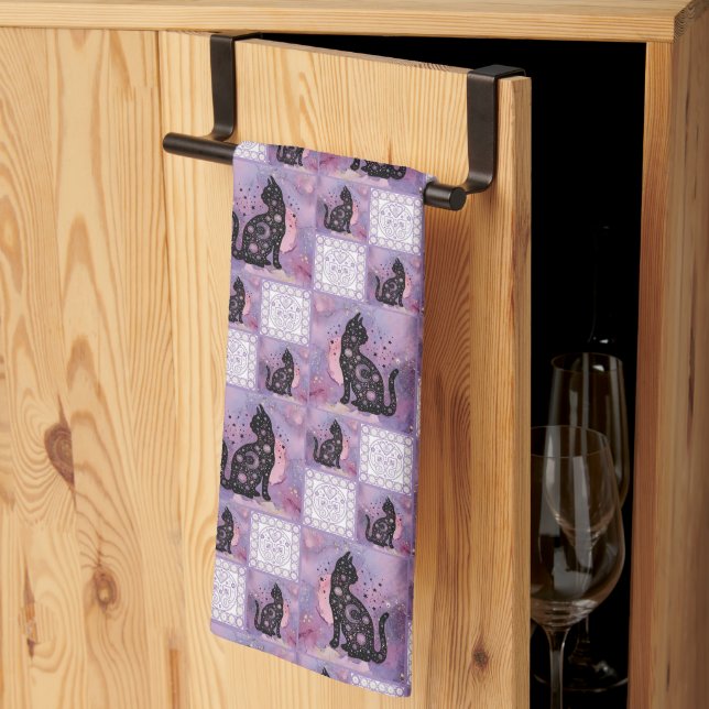 Linge De Cuisine Patchwork de chats cosmiques pourpres (Pliage en tiers)