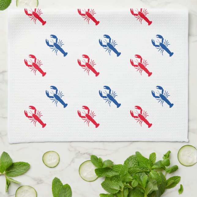 Linge De Cuisine Patriote motif de homard blanc rouge (Plié)