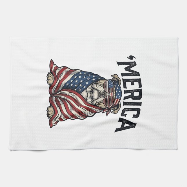Linge De Cuisine Patriotic Bulldog 'Merica Vintage Vector Shirt Des (Horizontal)