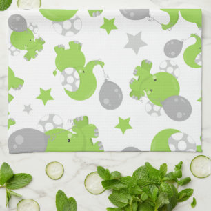 Linge De Cuisine Pattern of Green Elephants, Cute Elephants, stars
