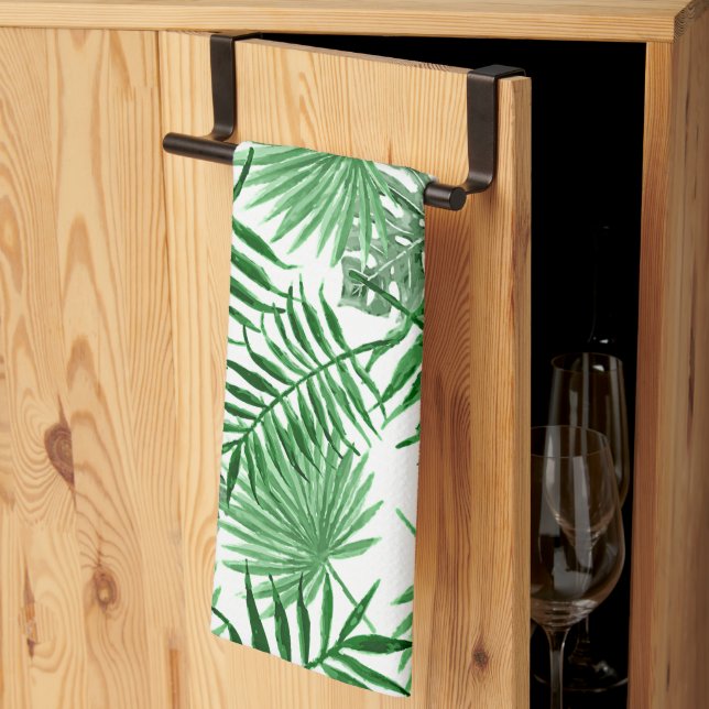Linge De Cuisine Paume vert tropical Feuille Aquarelle d'été Art (Pliage en tiers)