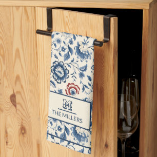 Linge De Cuisine Pays vintage avec Monogramme Fleurs Bleues