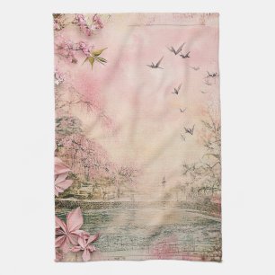 Linge De Cuisine Paysage de sérénité aux cerisiers en fleurs roses