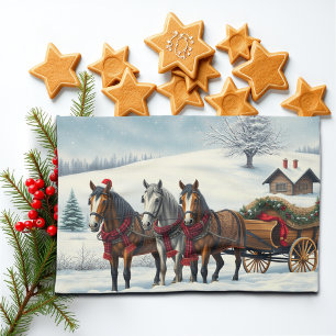 Linge De Cuisine Paysage hivernal avec chevaux et Cabine