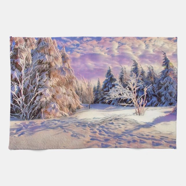 Linge De Cuisine Paysage hivernal avec l'aquarelle des arbres neigé (Horizontal)