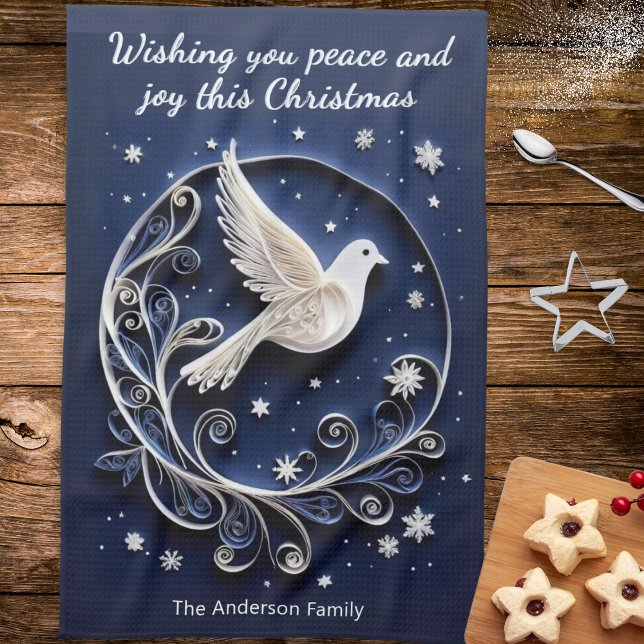 Linge De Cuisine Peace Dove Faux Papercraft Elégant Noël Bleu (A Christmas kitchen towel with white peace dove and blue sky with stars, to personalize with a name)