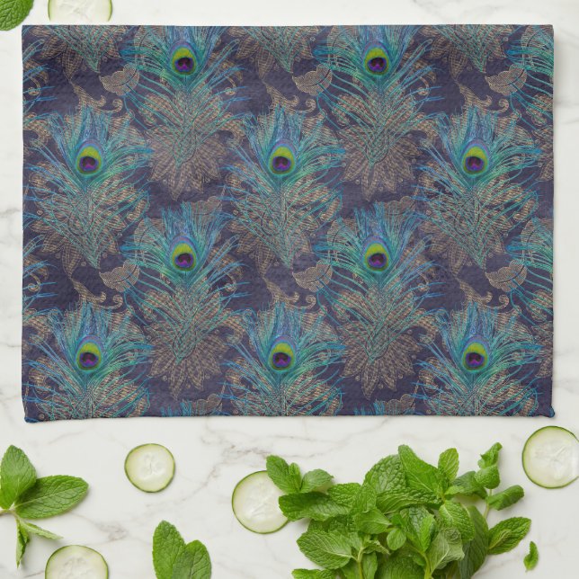 Linge De Cuisine Peacock plumes paisley violet turquoise or boho (Plié)