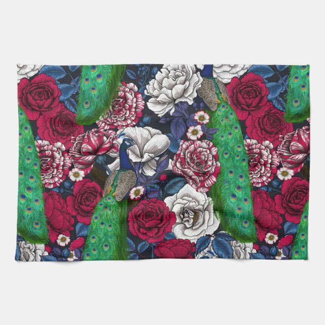 Linge De Cuisine Peacocks dans le jardin rose (Horizontal)