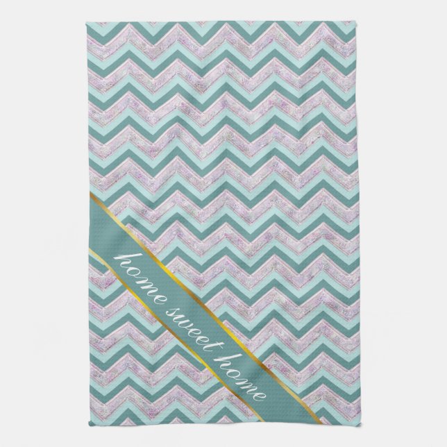 Linge De Cuisine Pearl Floral Turquoise ZigZag Motif (Vertical)