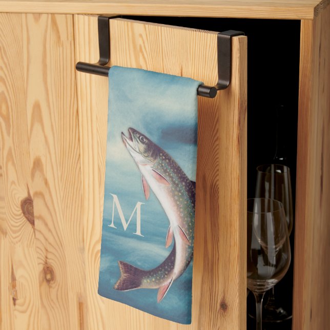 Linge De Cuisine Pêche à la truite pêcheur Blue River Monogramme (Pliage en tiers)