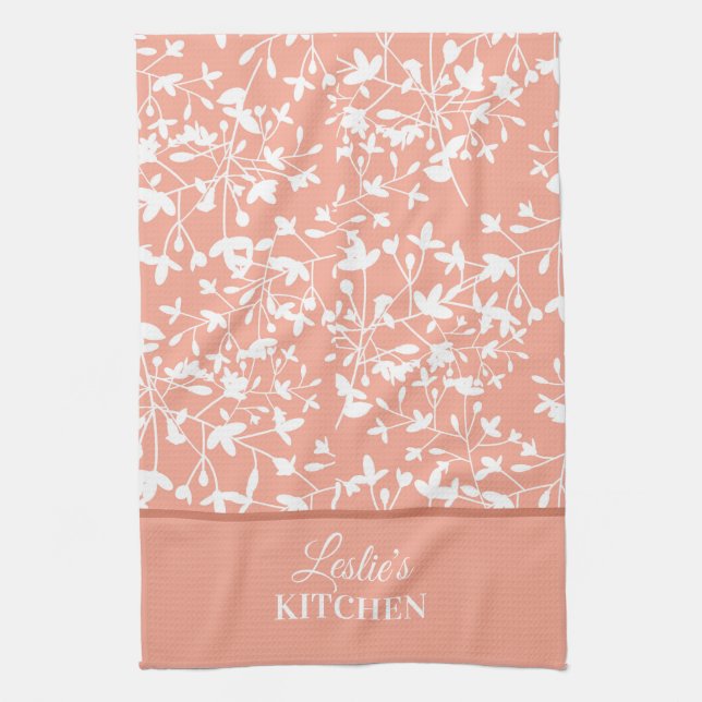Linge De Cuisine Pêche et blanc Floral Monogramme (Vertical)