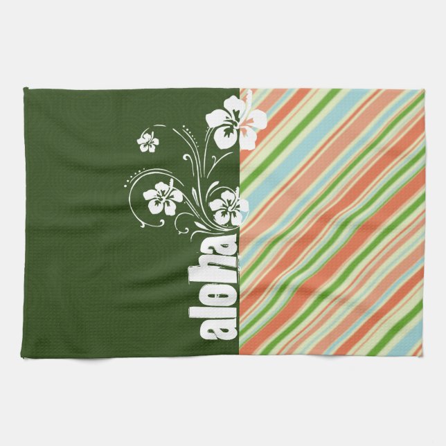 Linge De Cuisine Pêche et Forest Green barrés ; Aloha (Horizontal)
