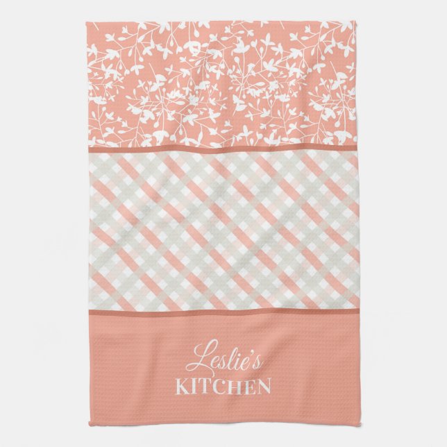 Linge De Cuisine Pêche Gris Blanc Floral & Plaid Diagonal (Vertical)