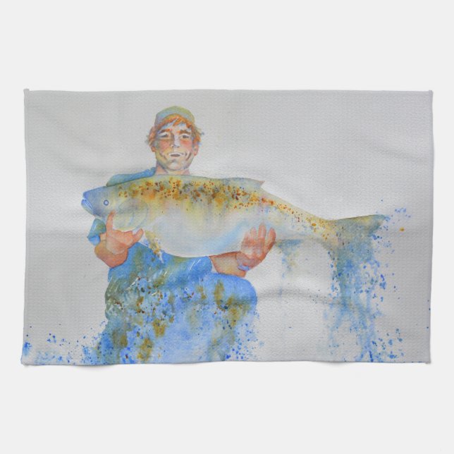 Linge De Cuisine Pêcheur peinture d'aquarelle cadeau de pêche pour  (Horizontal)