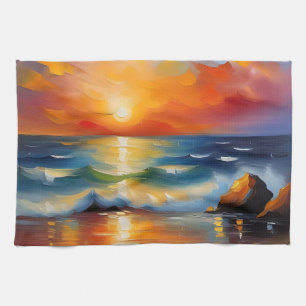 Linge De Cuisine Peinture à l'huile de couché de soleil orange sur 