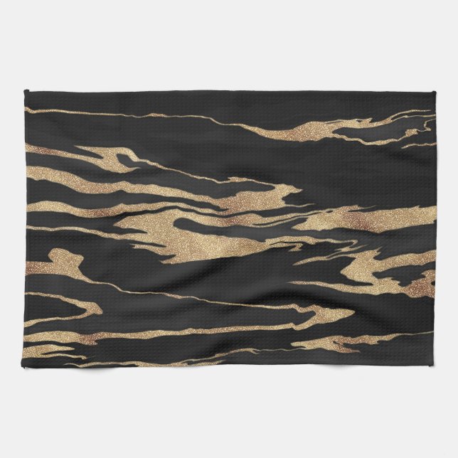 Linge De Cuisine Peinture Abstraite en marbre noir or (Horizontal)