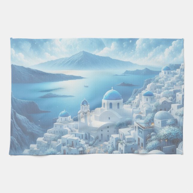 Linge De Cuisine Peinture aquarelle de Santorin Grèce (Horizontal)