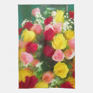 Linge De Cuisine Peinture Bouquet Rose - Jolie Art Fleur Originale