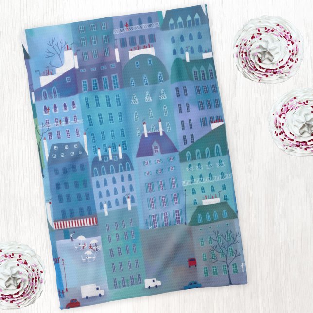 Linge De Cuisine Peinture Cityscape Paris en bleu (Paris France blue art kitchen tea towel)