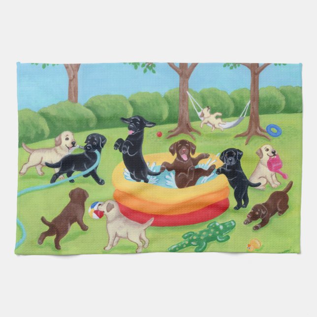 Linge De Cuisine Peinture de Labradors d'amusement d'été (Horizontal)