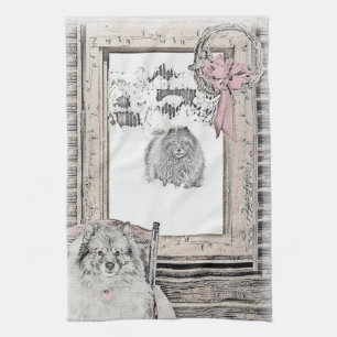 Linge De Cuisine Peinture de Noël d'hiver de Keeshond sur fenêtre,