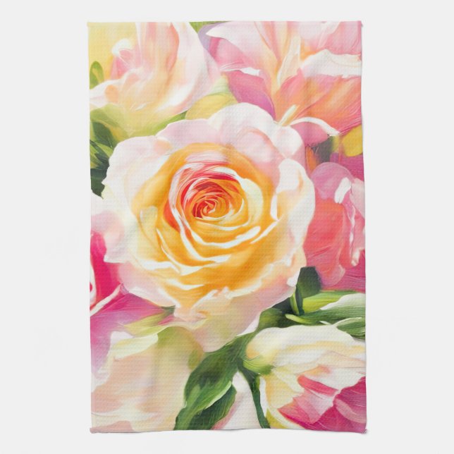 Linge De Cuisine Peinture de roses jaunes et roses (Vertical)