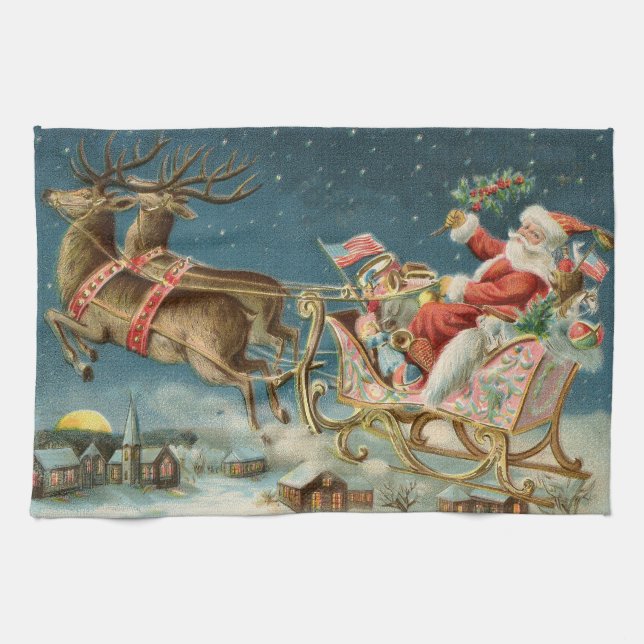 Linge De Cuisine Père Noël Antique Sleigh Reindeer (Horizontal)