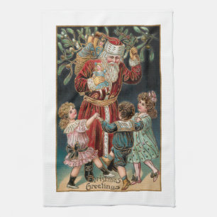 Linge De Cuisine Père Noël avec Dancing Children & Mistletoe