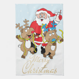 Linge De Cuisine Père Noël et Reindeers Joyeux Noël