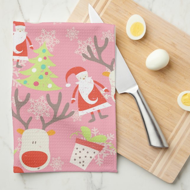 Linge De Cuisine Père Noël, Reindeer, sapin de Noël et Plante point (Quart Plié)