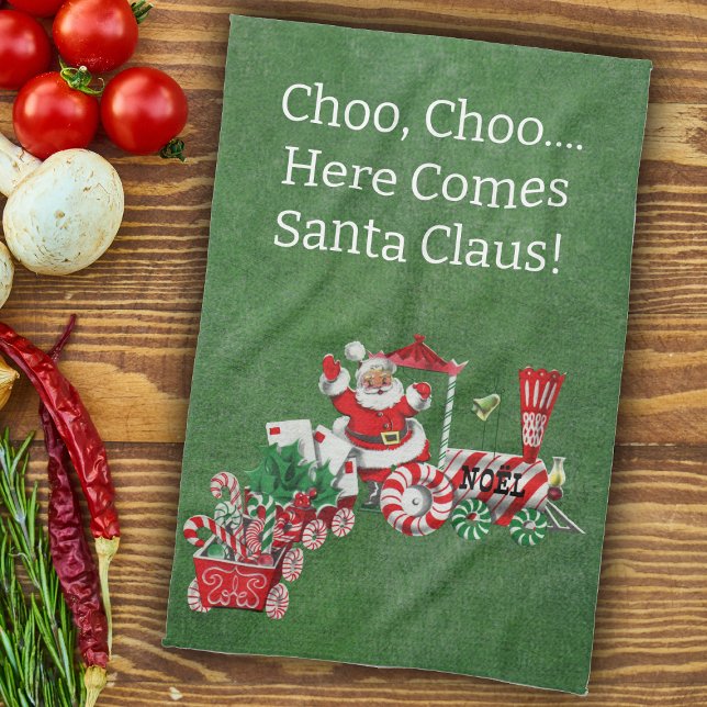 Linge De Cuisine Père Noël sur Candy Christmas Train Green (Here come Santa riding Christmas train with candy, letters on green kitchen Chrismtas towel.)