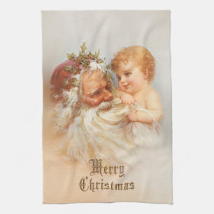 Linge De Cuisine Père Noël vintage avec enfant souriant
