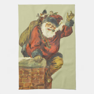 Linge De Cuisine Père Noël vintage descend Chimney