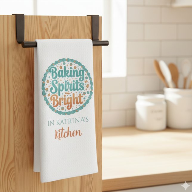 Linge De Cuisine Personalized Christmas Kitchen Towels (Celebrate the holiday this season with this fun personalized, "Baking Spirits Bright" kitchen towel!)