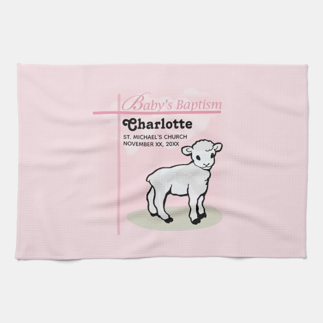 Linge De Cuisine Personnalisable, Baptême, Rose, Fille, Agneau (Horizontal)