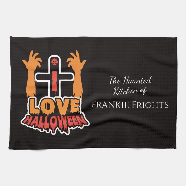 Linge De Cuisine Personnalisé I Love Halloween Haunted (Horizontal)