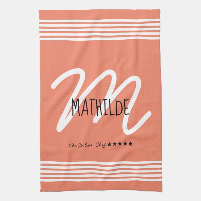 Linge De Cuisine Personnalisé Moderne Blanc Élégant Monogramme Chef (Vertical)